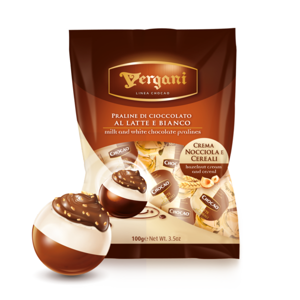 Sfere latte ripiene con crema nocciola e cereali bicolore