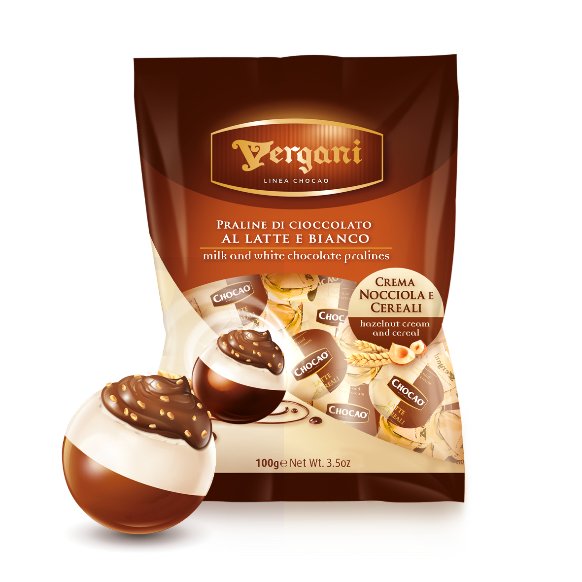 Sfere latte ripiene con crema nocciola e cereali bicolore